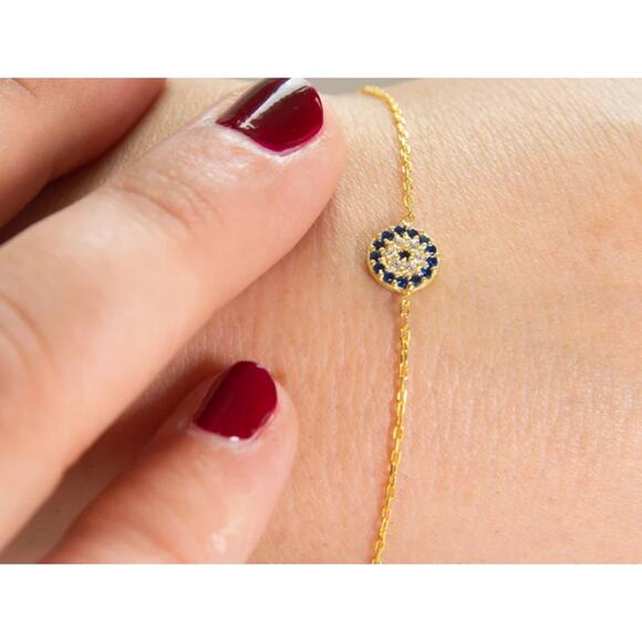 18k Gold Plated Sterling Silver Evil Eye Bracelet: Blue & White Zirconia - Picture 3 of 4